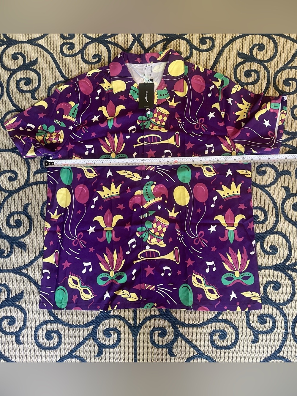 Men's Purple Carnival Print Short Sleeve Button-Down Shirt - Picture 4 of 8
